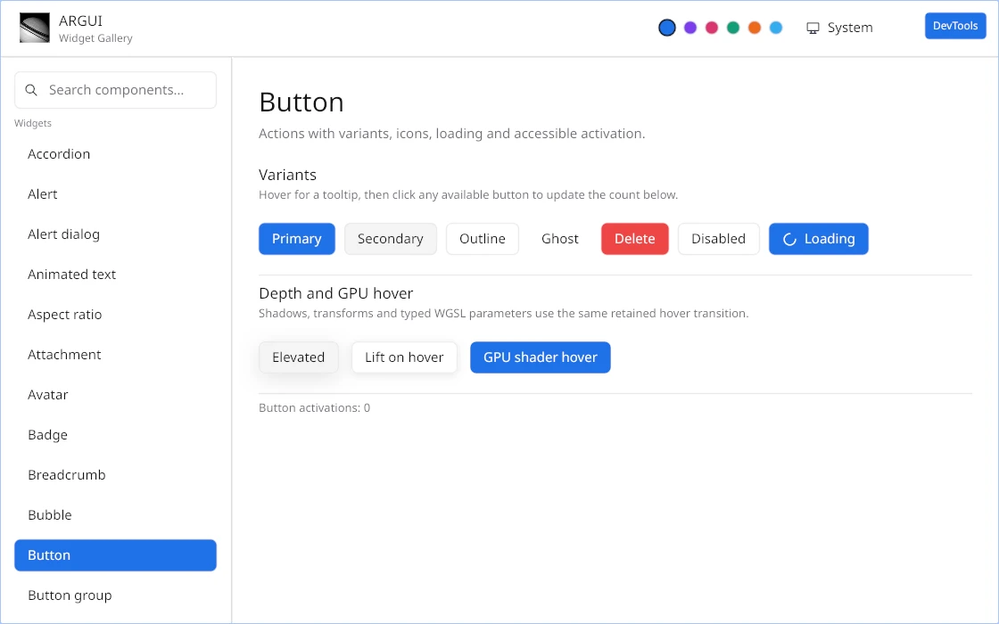 Argui's WebAssembly widget gallery showing interactive button variants and GPU hover effects